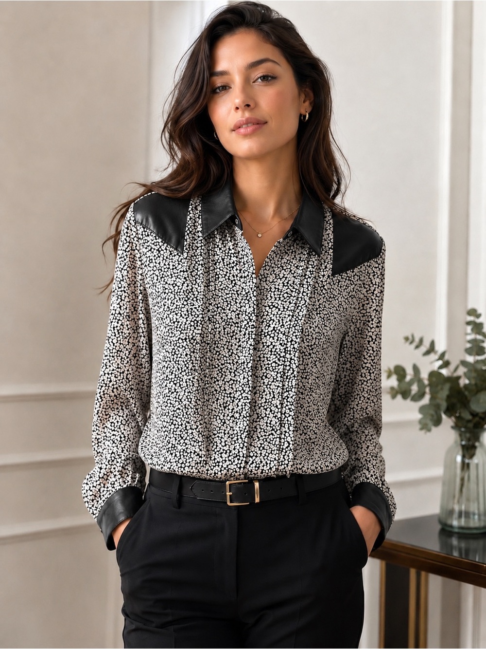 Vintage Black & White Printed Long-Sleeve Silk Blouse with Faux Leather Accents